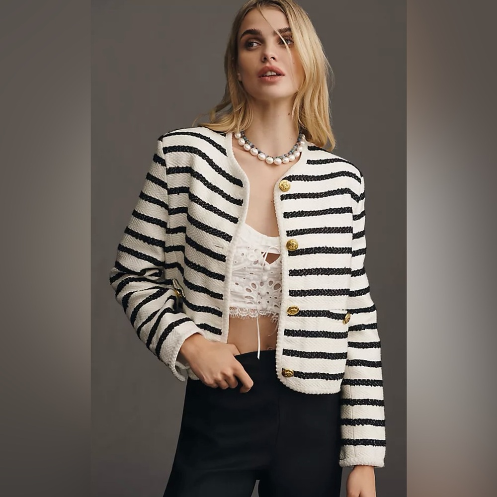 NWT Anthropologie English Factory Tweed striped gold button detail blazer size M